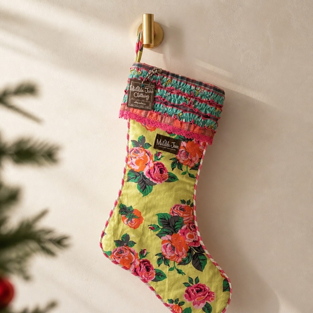 NWT Matilda Jane Floral Ruffle Christmas Stocking Pink Green Rose Cottagecore